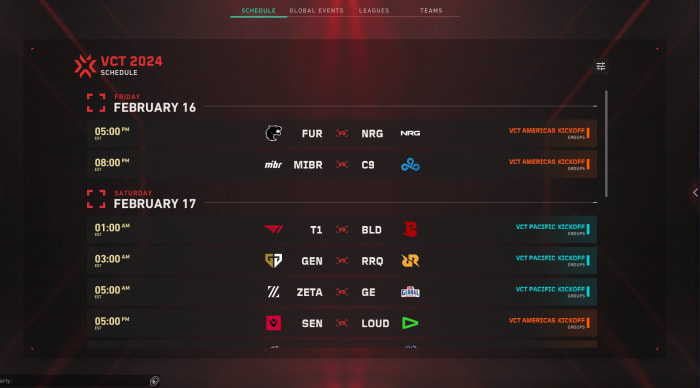 VALORANT's fancy Esports hub showcases a timeline of matches. Source: Riot Games